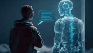 A man facing a translucent blue humanoid robot, as they converse through a glowing speech bubble of text on a high-tech display.